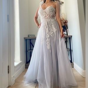 GB Social Tie Shoulder Illusion Embroidered Corset Slit Hem Glitter Tulle Dress